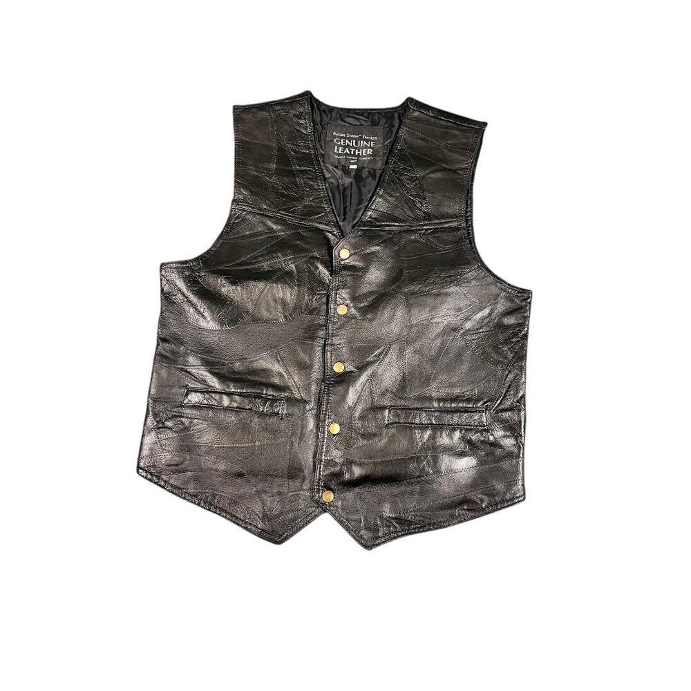 Italian Stone Design Genuine Leather Vest Men's Large Black Motorcycle Biker